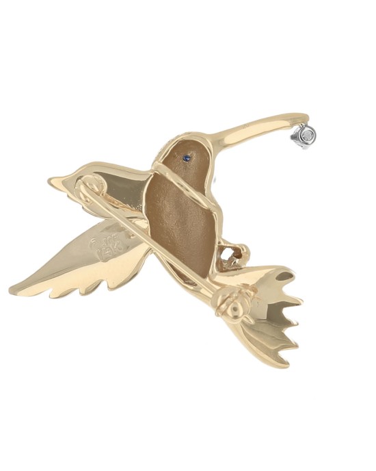 Blue Sapphire and Diamond Hummingbird Pin in White and Yellow Gold